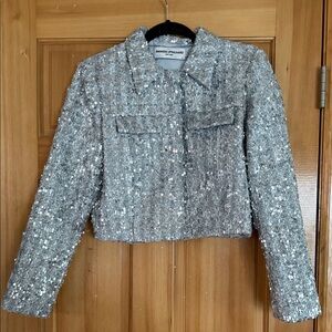 Amanda Uprichard Silver Sequin Cropped Blazer Jacket